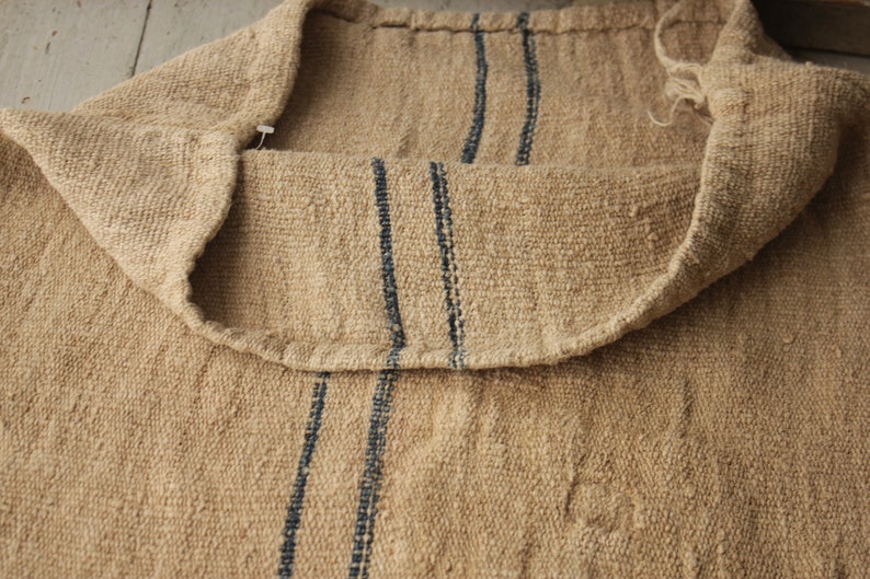Grain Sack Linen Blue Indigo stripes Fabric Feedsack Rustic Grainsack Vintage bag hemp striped textile European washed Fabric