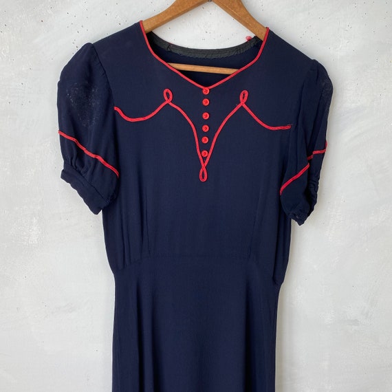 Charming Navy Rayon Women's Dress 1940s Red Accen… - image 2