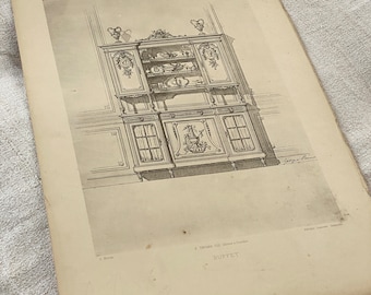 May include: An antique print with a detailed illustration of a Louis XVI buffet. The black and white drawing showcases the ornate design of the furniture piece, including decorative carvings, doors, and shelves. The word "BUFFET" is printed at the bottom.