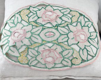 24x15Vintage French oval scatter cushion throw pillow pink ecru handmade embroidered embroidery old 1930 decorative shabby farmhouse decor