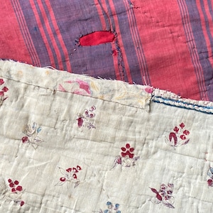 73 X 33 18th Century c 1770    3 patterns century French small scale floral quilt fragment with striped furnishing fabric backing