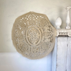 French Antique Embroidery Embroidered  oval lace handmade tablecloth from France ecru tone eco-friendly