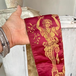 32x3.5 Pair 19th Century French Woven Silk Trim Red and Gold Neoclassical Design Woman Figure Textile Fragment Unique Wall Art Handmade