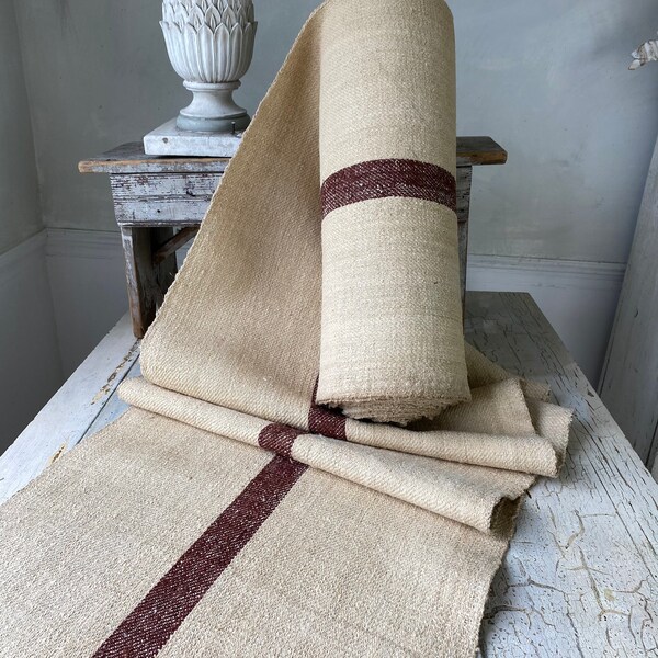 Stair runner heavy hemp Grain sack Fabric by the yard Burgundy Brown stripes twill weave Antique homespun linen The Textile Trunk
