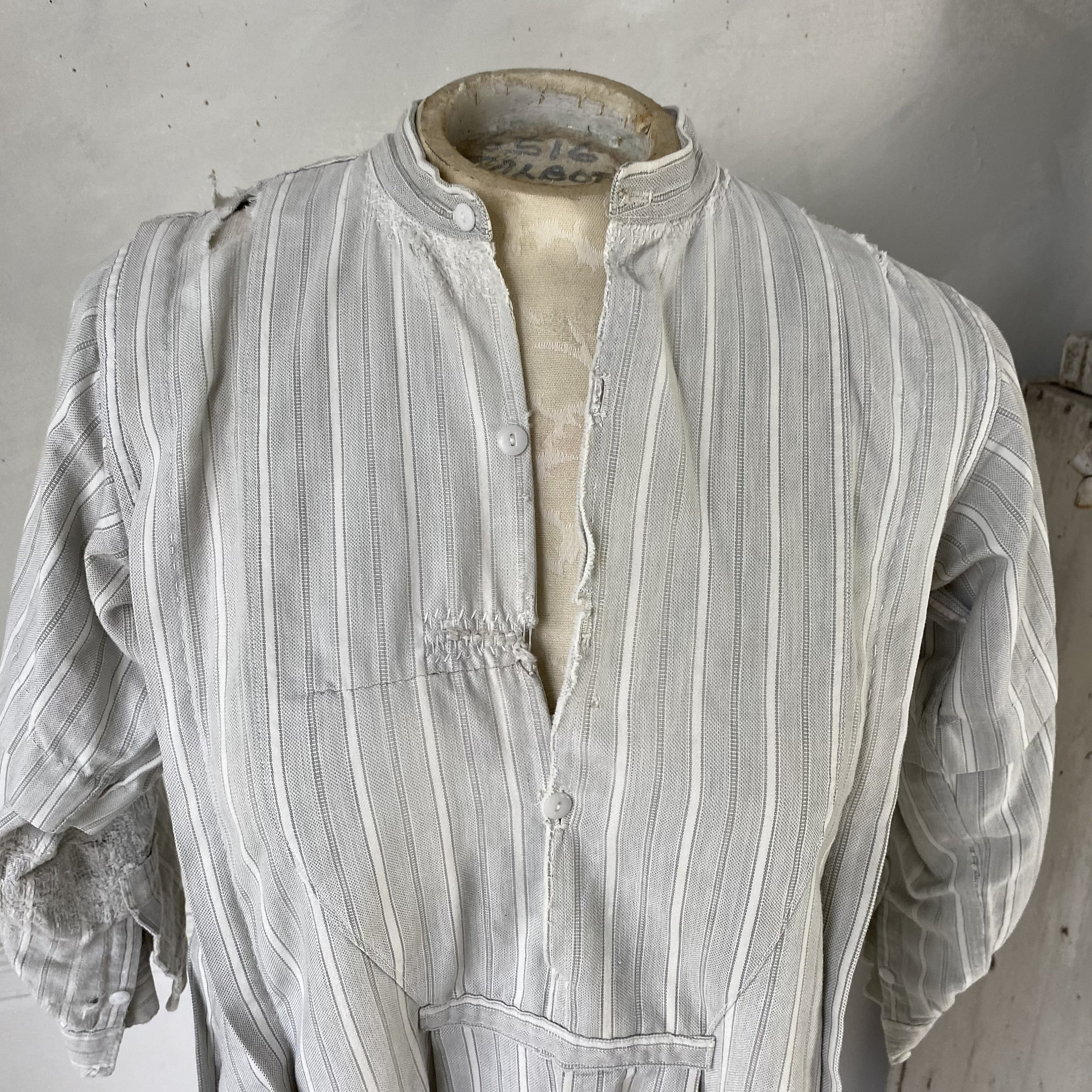Timeworn White Striped Work Wear French Plaid Shirt Chore Shirt 