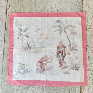 Antique French Robinson Crusoe travel handkerchief hankie wall art Framing children's nursery room shabby decor unique baby shower gift idea