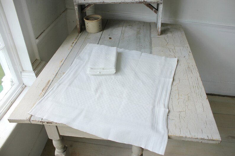 Holiday Napkins Vintage French set of 4 large white napkins hand stitched GS monogram cotton damask