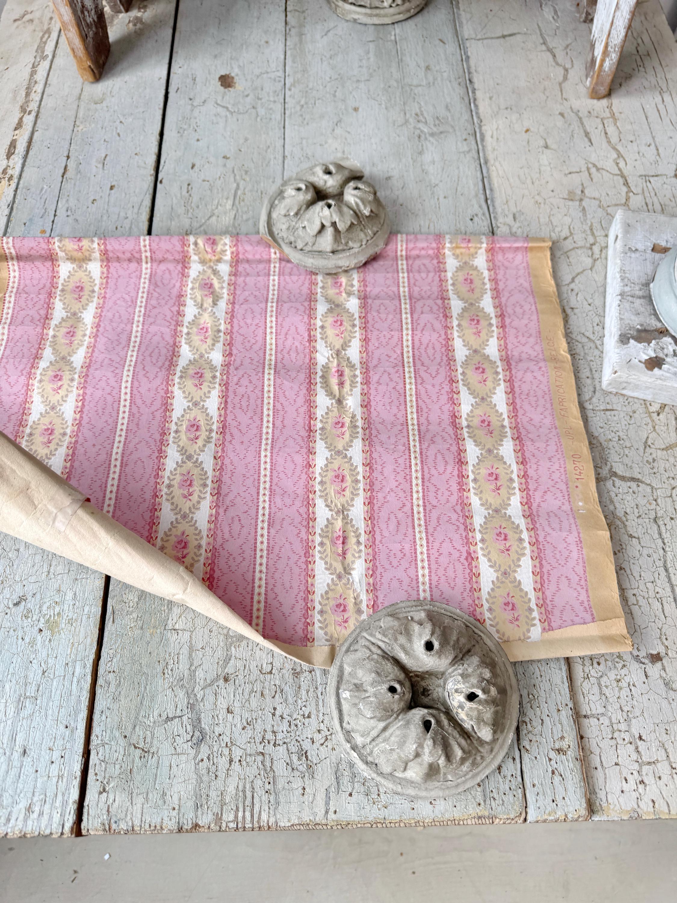 16x20 Antique Belgian Wallpaper Pink Stripe Pattern Design Floral ...