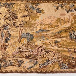 64x31 French tapestry panel peacocks landscape castle garden classical scene tone on tone muted earthy unique wall art handmade