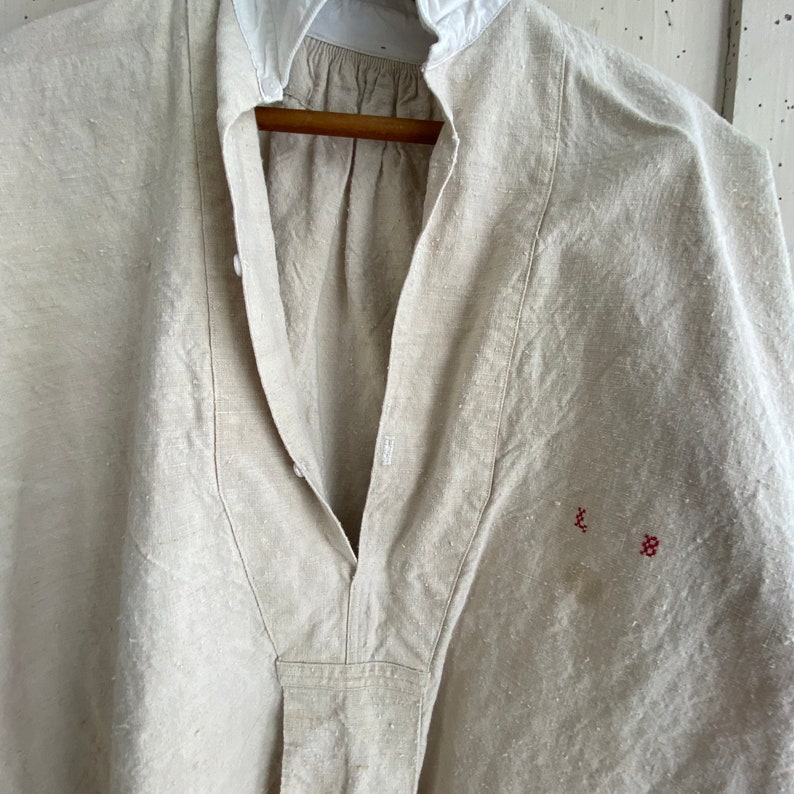 French Chemise LB Monogram Night Shirt Tunic French Linen White Hemp and Cotton Nightgown Work wear mid 1800s Workwear image 6