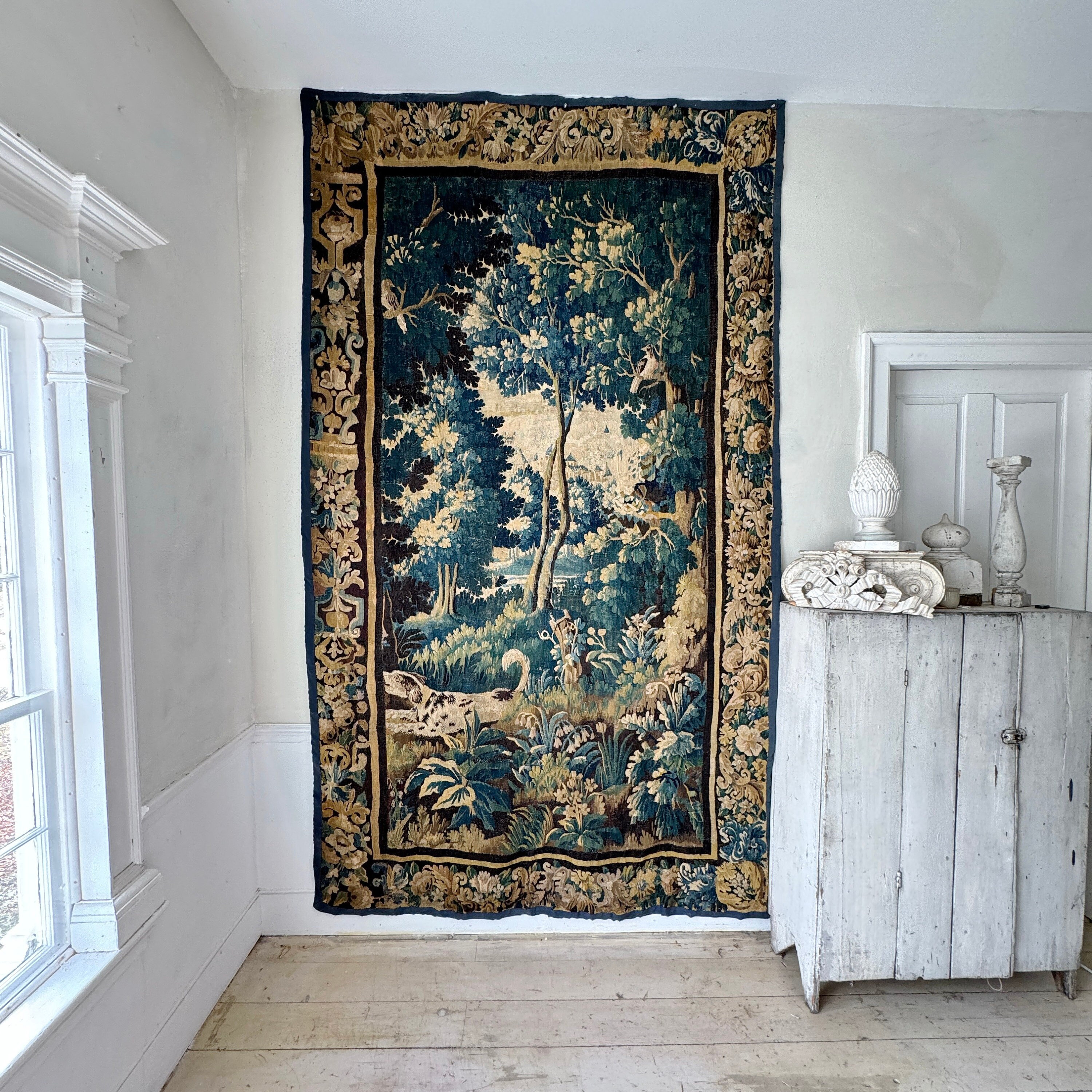 111x67 Large Verdure With DOG French 18th Century Aubusson