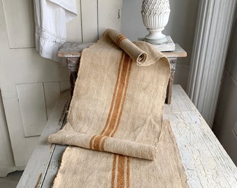 Grain sack Fabric Antique table runner gold caramel toffee  stripe hand woven hemp