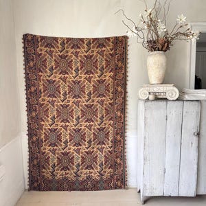 80x50 1880 French Tapestry Curtain Textile Antique Cotton Woven Fabric Pom Pom Edge Unique Wall Art Handmade Ecofriendly Upcycled Home