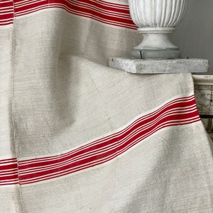 Grain sack Fabric RED stripe Linen + Cotton upholstery material heavy weight pillows upholstery curtains The Textile Trunk eco-friendly