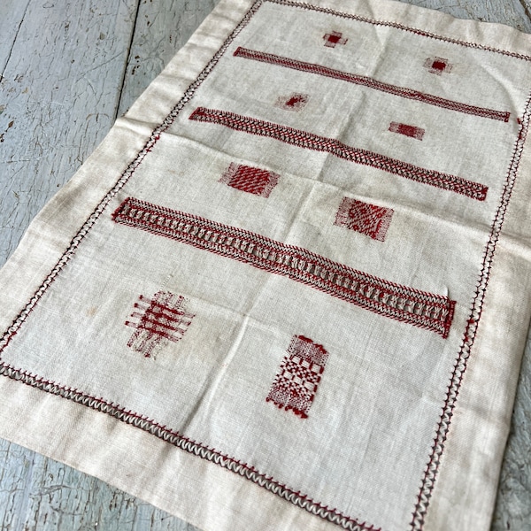 1900 DATED Antique French linen sampler embroidery 19th century red white monogram
