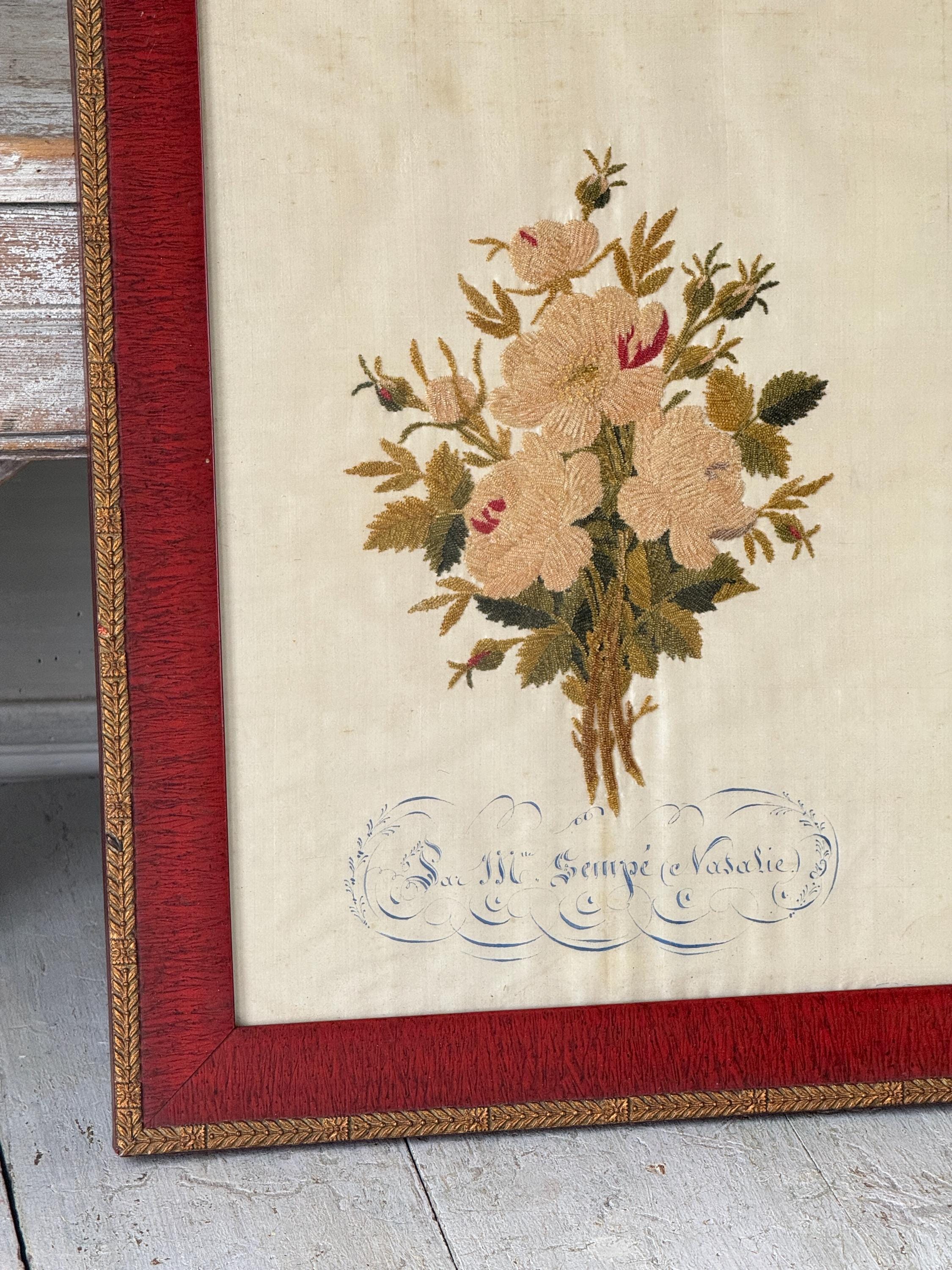 19th Framed Antique French Silk Embroidery Needlework C1870