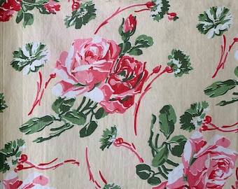 Antique French cotton 1920's pink roses fabric material old upholstery fabric