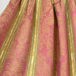 80x49 ( 2 avail)  Vintage French curtain pink green striped stripes damask faded timeworn distressed modern farmhouse shabby decor style