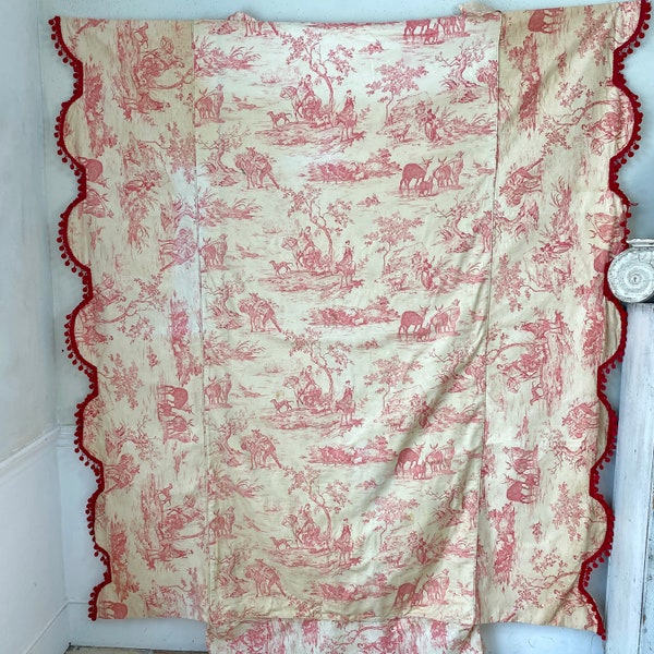 Vintage France twin full  bedspread quilt bed cover toile de Jouy ( one of SET ) fabric material French country farmhouse red Textile