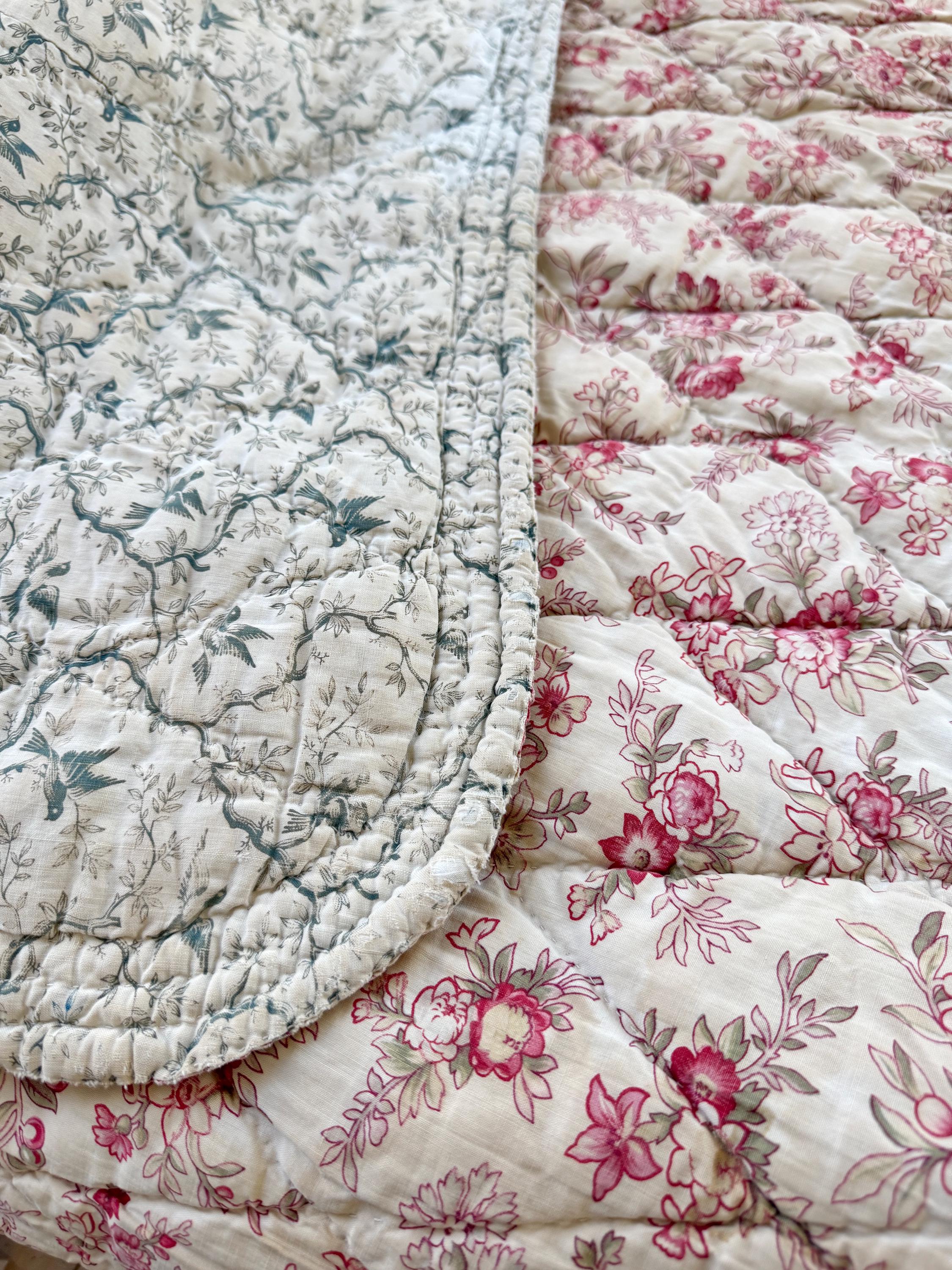 87x75 アンティーク フレンチキルト ブティ 1890年頃 赤い花と鳥の
