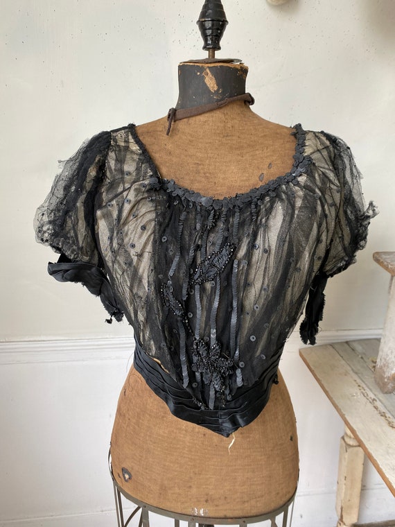 Victorian French shirt black silk netting and sequ