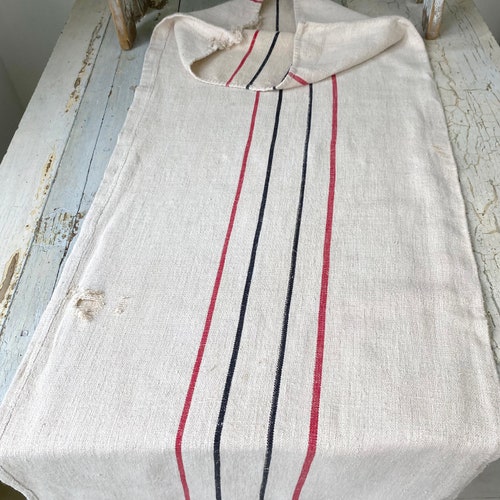 Grain shops sack black red stripe grainsack bag linen stripe AT monogram textile feedsack feed bag antique vintage 1900 European laundered washed