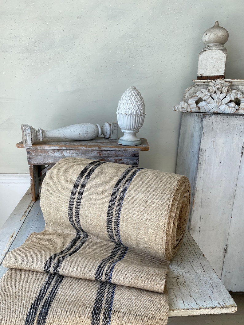 RARE Black Stripe Antique hemp stair table runner by the yard homespun heavy sturdy upholstery fabric textile trunk cottagecore farmhouse image 3