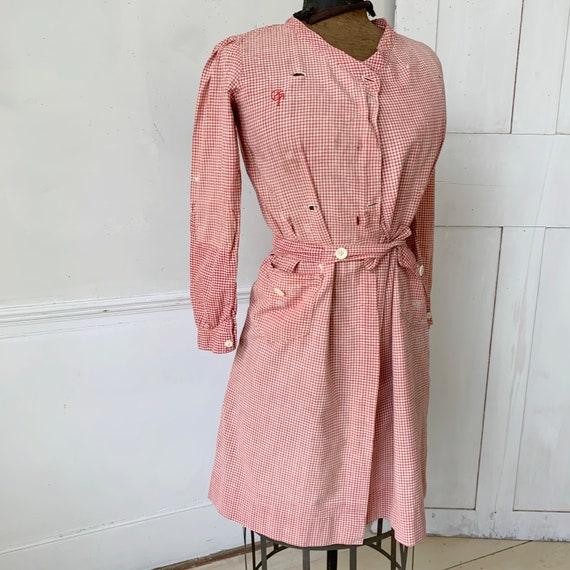 Vintage french  work uniform woman's dress  red g… - image 4