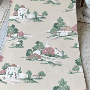 6.5yds (13yds avail) American 1940 wallpaper roll countryside village  pink green cream vintage wall decor mural shabby farmhouse print