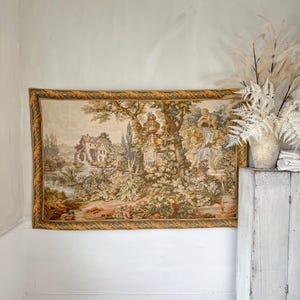 69x44 Vintage French verdure antique tapestry wall hanging art Castle Castlecore shabby cottage farmhouse chateau home decor style