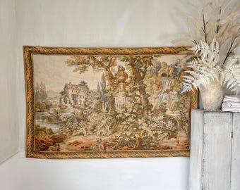 69x44 Vintage French verdure antique tapestry wall hanging art Castle Castlecore shabby cottage farmhouse chateau home decor style
