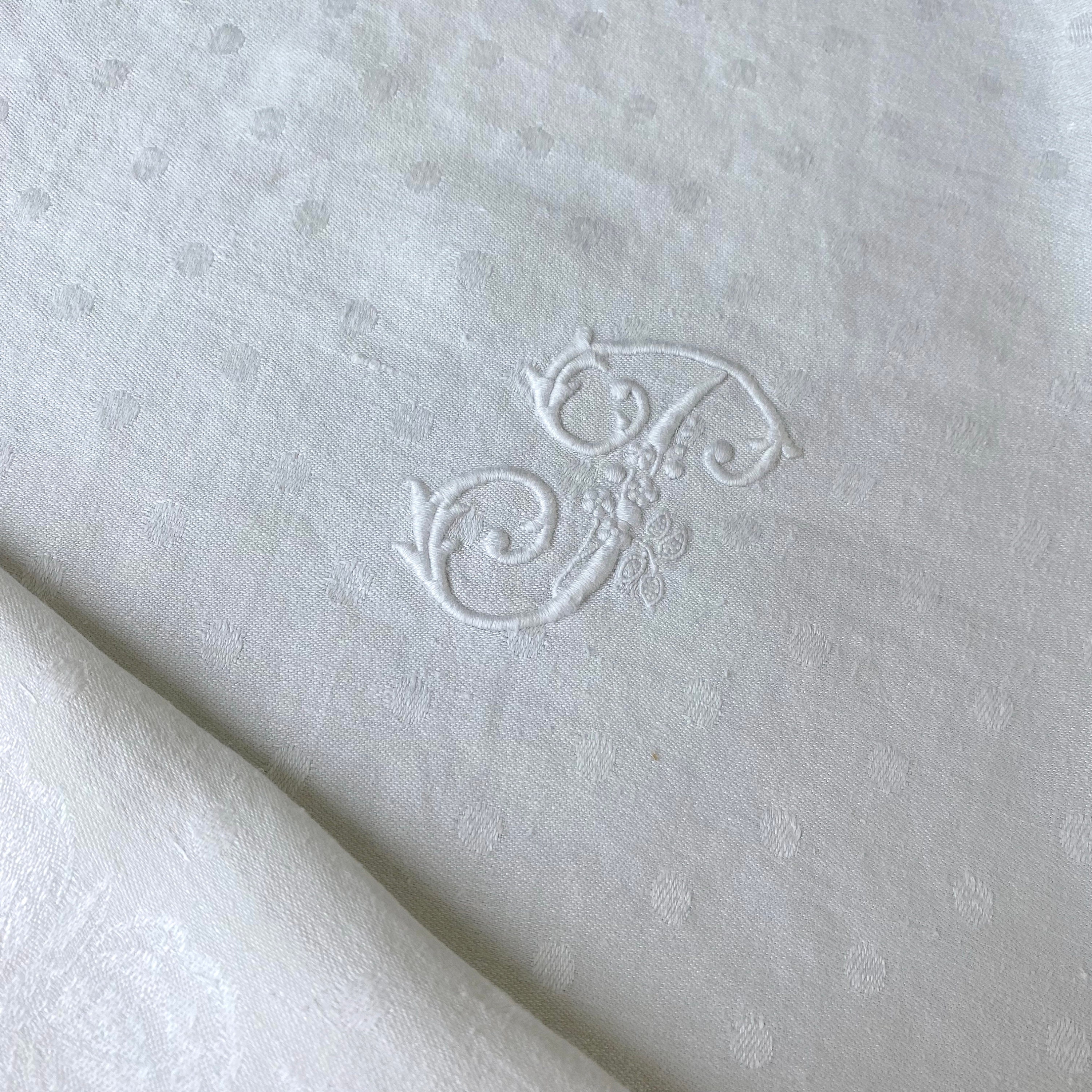 antique français t ou j monogramme motif papillon damassé serviette en coton blanc des années 1880 serviettes travaillées à la main ferme le