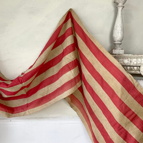 PER YARD GORGEOUS red ecru linen ticking French fabric material striped cloth 19th century heavy weight The shops Textile Trunk