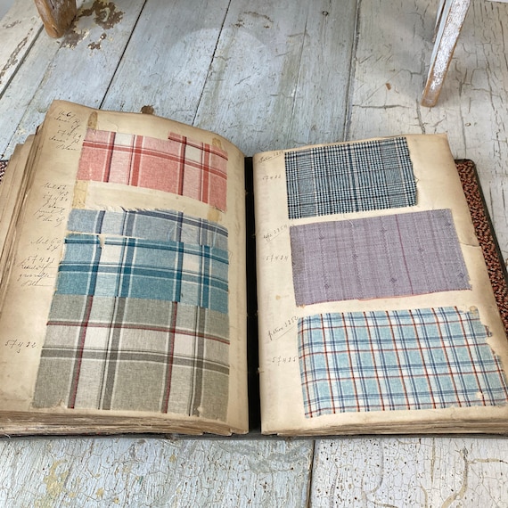 Pattern Sample book antique French woven fabric document Historical Jacquard men's wool Tartan Plaid stripes Swatch tweed Museum textiles