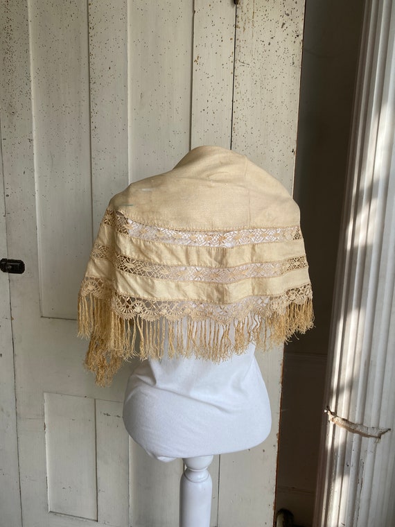 French Edwardian shawl collar with fringe Ecru silk lace trim Boho steampunk eco-friendly