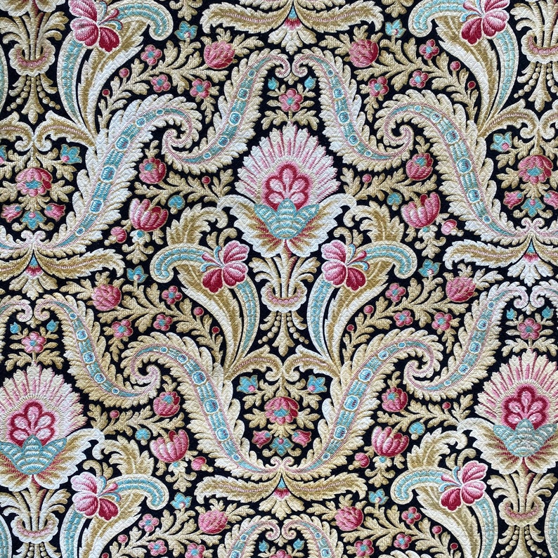 1900 Antique French black fabric floral faded heavy weight upholstery material