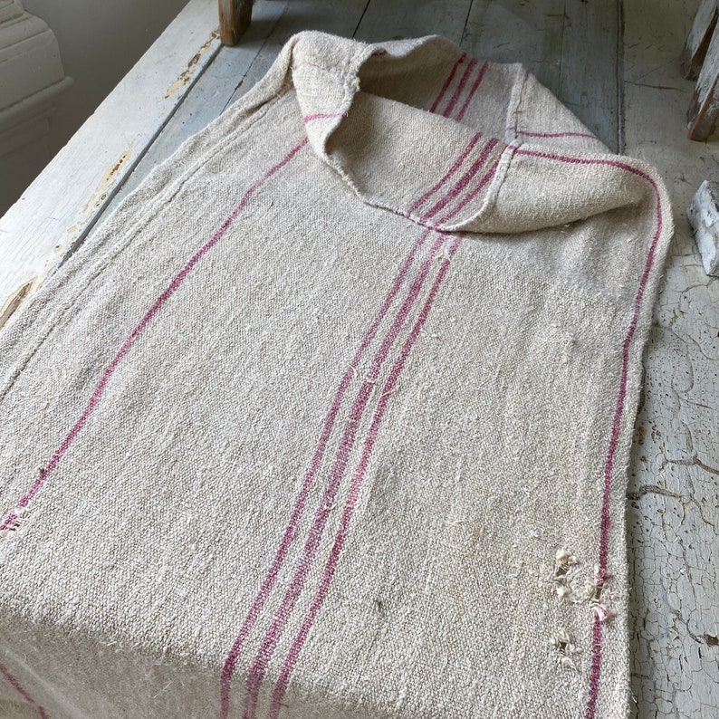 Raspberry pink RARE grain sack grainsack old feed bag Washed linen cotton hemp organic Linen