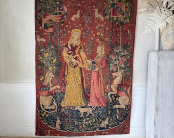 77x51 Enhörningstapet Fransk väggkonst hängande textil koffert slott Castlecore shabby stuga bondgård slott heminredning stil grön gammal