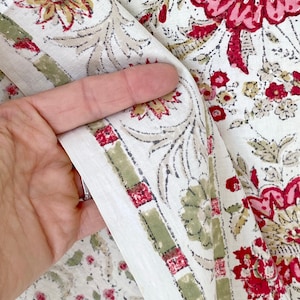 Vintage French fabric pink green hand block printed Indian inspired cotton material country cottage style  old  Textile Trunk quilting