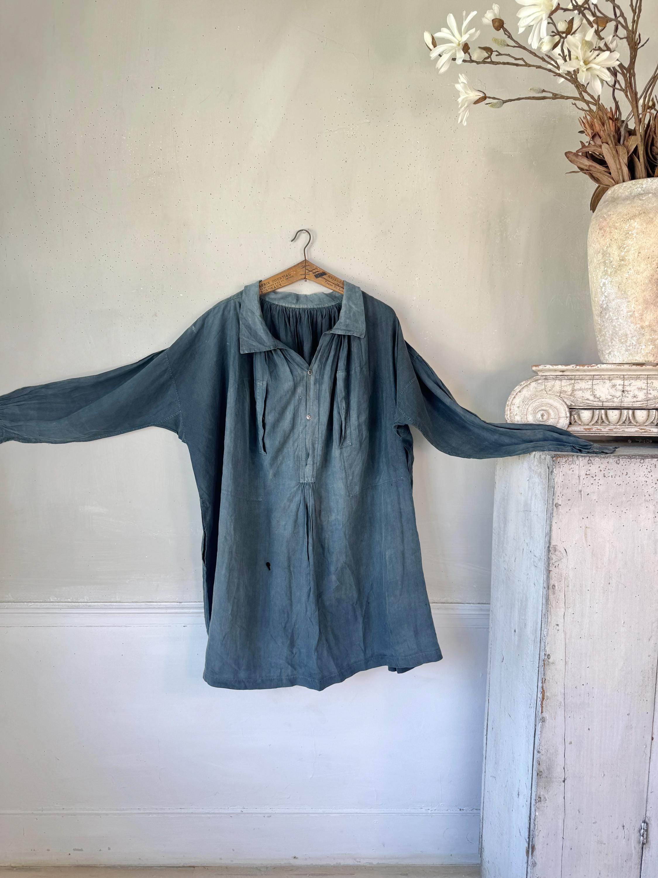 38 X 80 Antique Indigo Blue French Linen Smock Shirt Mid