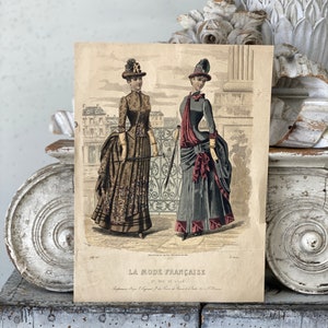 Historical REFERENCE 1886 French Fashion antique French Illustration toned drawing costume framing wall art  collectable paper Textile Trunk