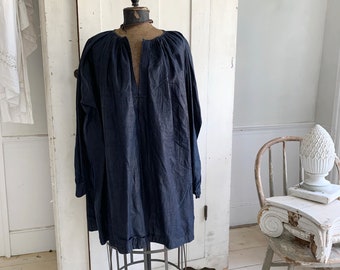 French Antique Men's smock dyed indigo blue Chintz artist's shirt / textile Coastal home  Boho steampunk eco-friendly
