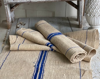 Blue HOMESPUN  table runner fabric material c1800's ~ hand woven linen from Europe grain sack grainsack stripe