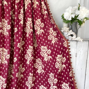 Beautiful Art Nouveau 1900 antique bed curtain window curtain burgundy cream floral heavy weight ribbed weave cotton The Textile Trunk boho
