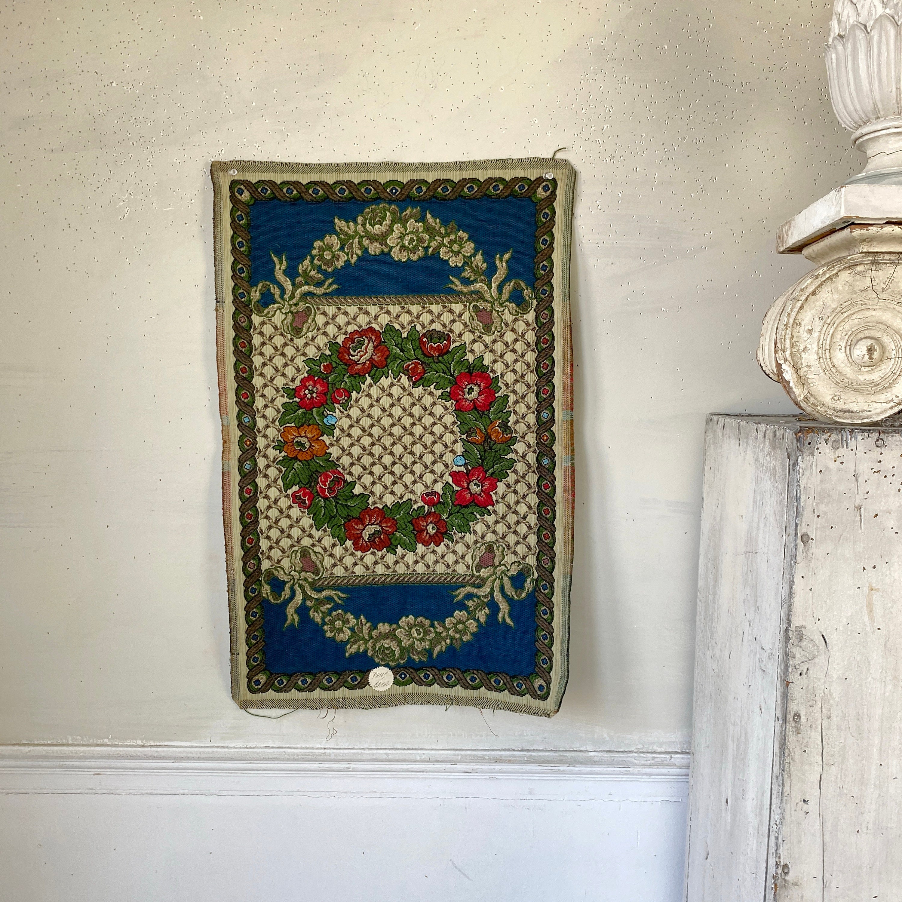 Couverture / Tapisserie Vintage Italienne En Soie Et Coton Brodée Jacquard - Dimensions 72x83 Cm - Occasion