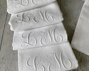 PER 1 LM monogram white Antique French Napkin Damask table textile hand embroidered Farmhouse from France 28x34 LARGE