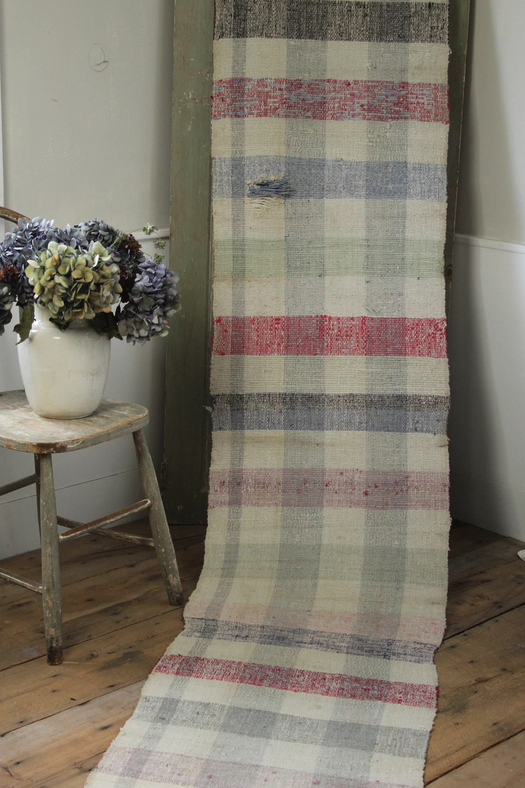 European Rag Rug 141.5 Inches Long Hand Woven Vintage Striped Hall ...