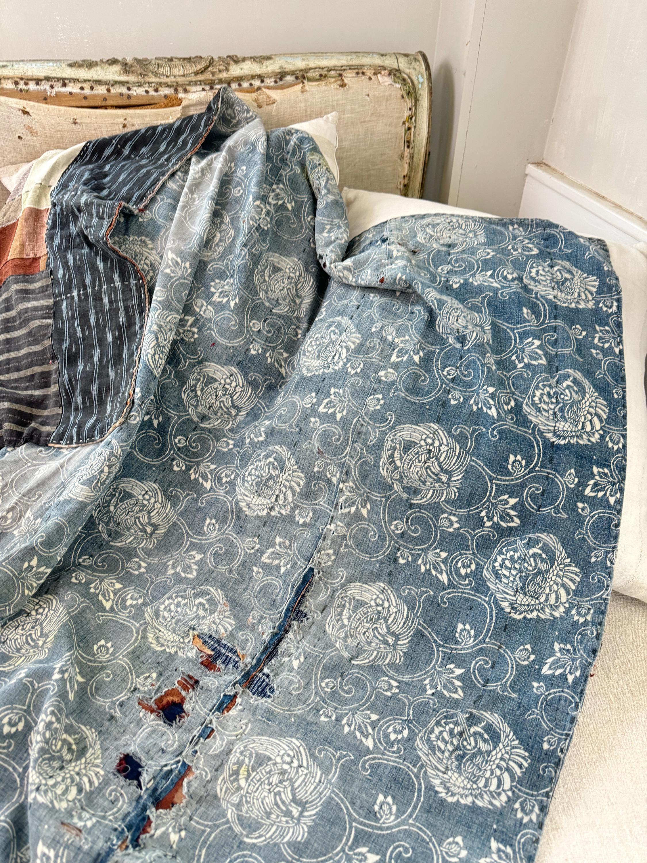 その他 USED HANDMADE BLANKET 64x64 Boro Antique Japanese Blanket Blue Indigo Resist Front Brown