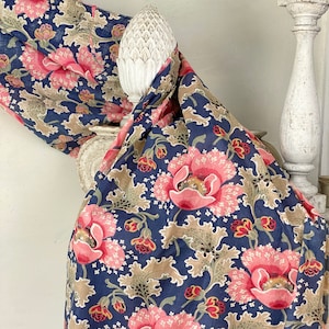1900 antique French art nouveau floral fabric red pink denim blue STUNNING pattern and color use The Textile Trunk Coastal home