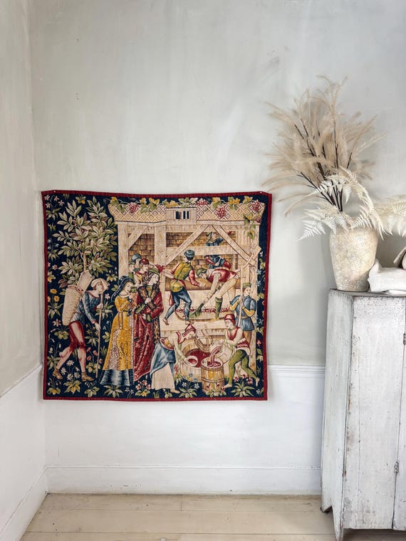 48x44 WINE HARVEST Robert Four Aubusson Tapestry French Vintage